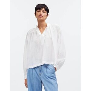 Madewell Shirred‎ White Cotton Blend Long Sleeve V-Neck Top Blouse Size XSmall